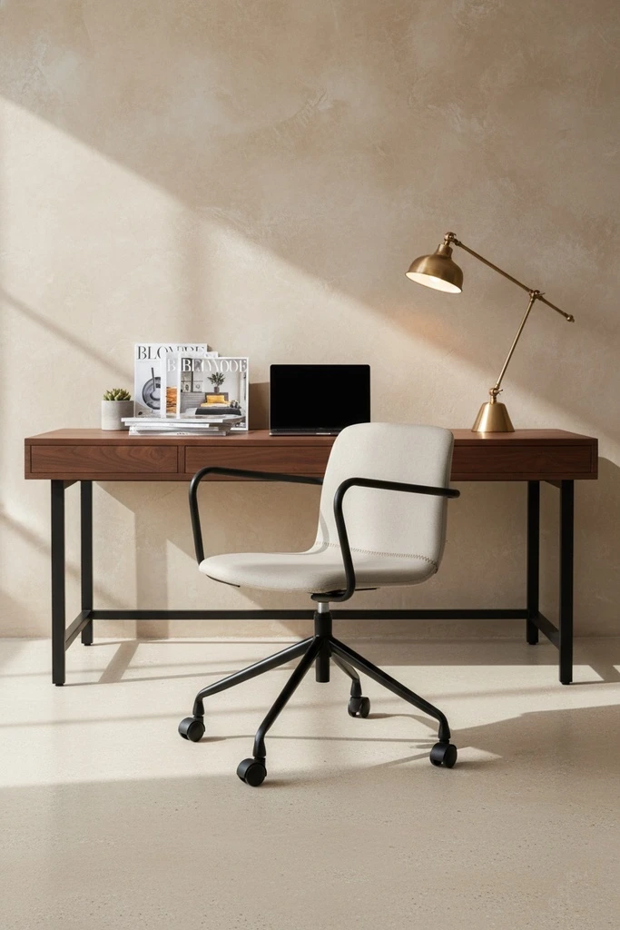Silla Pictor de tela beige con base negra junto a un escritorio