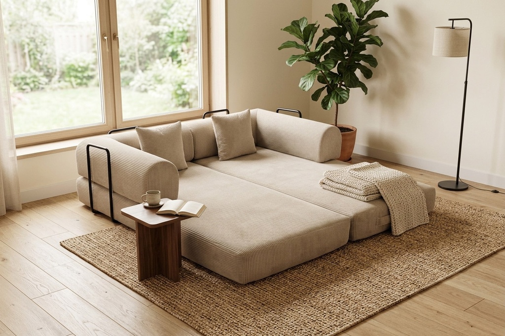 Sofá cama comprimido Curx tejido pana color beige — ambiente de salón junto a una ventana